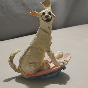 Yellow Labrador Dog Figurine Surfing On Board Vintage Handcrafted 2005 Signed
